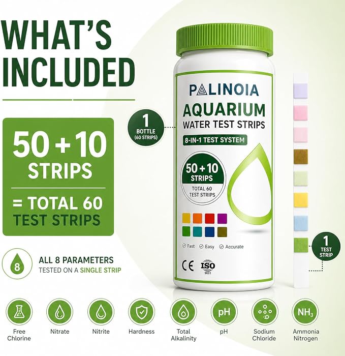 8-in-1 Fish Tank Test Strips (60 Count) – Aquarium Water Testing Kit for Freshwater & Saltwater – Tests pH, Ammonia, Nitrate, Nitrite, Hardness, Alkalinity, Chlorine & Salinity
