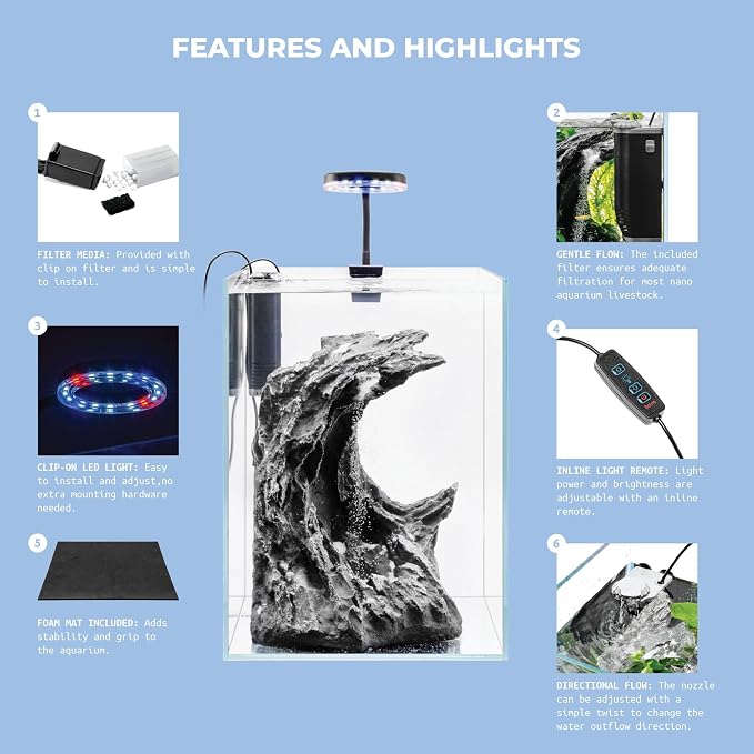 Sand Waterfall Tank Kit - Silent Operation Falling Sand Fish Tank w/LED Light and Self Cleaning Filtration - Desktop Rimless Starter Aquarium Kit, Just Add Plants - 9.51GAL | 36L (A2)