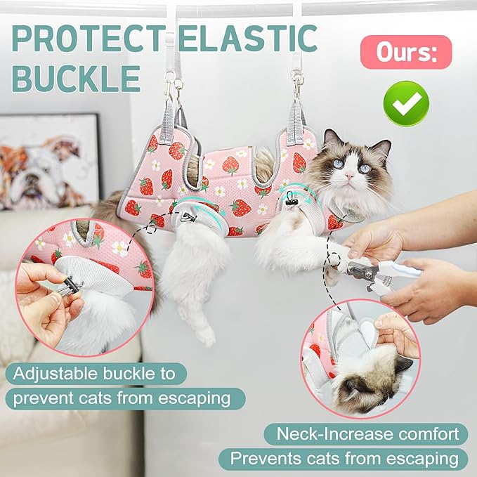 Supet Cat Grooming Hammock Harness for Nail Trimming, Cat Grooming Hanging Sling for Nail Clipping, Pet Restraint Holder for Cutting Nails, Medicine, Ear & Teeth Cleaning, Eye Care (Strawberry S)