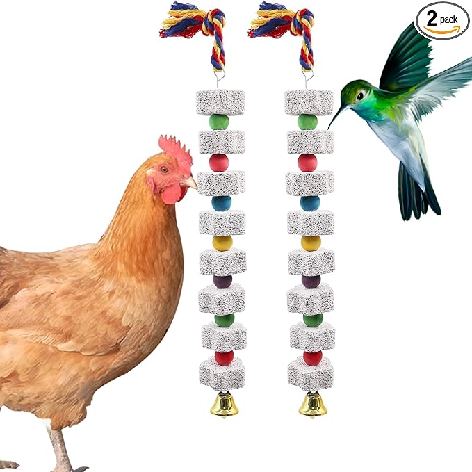 2 Pack Mineral Block Chicken Chewing Toy, KABASI Bird Beak Grinding Calcium Stone with Bells, Chicken Coop Accessories for African Grey, Budgies Cockatiels Parrot Hens Geese Ducks Hamster Rabbit