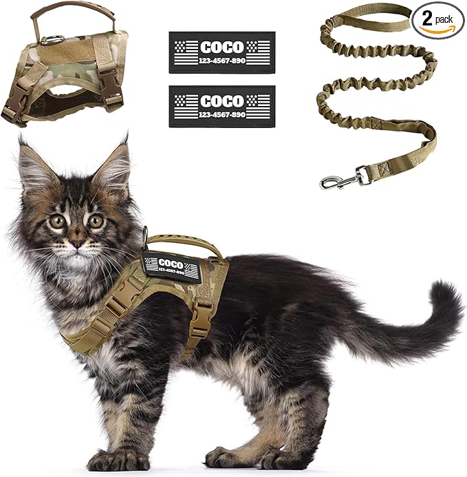 Tactical Cat Harness Escape Proof for Walking with Personalized Patches - Adjustable Cat Harness 8-20lbs Escape Proof - Soft Vest for Large Kitty with Optional Leash (Camo)