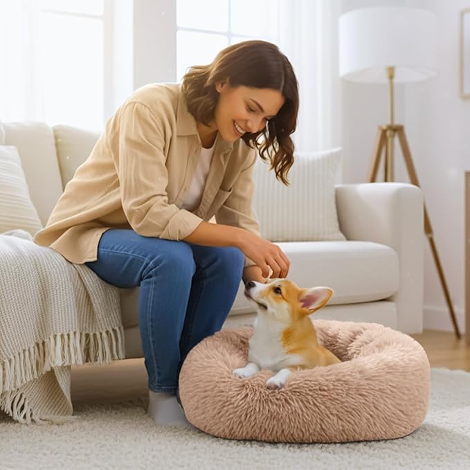 Calming Extra Large Donut Dog Bed, Round Soft Fluffy Plush Faux Fur Anti-Anxiety Washable Anti-Slip Pet Bed for Large Size Dog and Cat 32in （Camel）