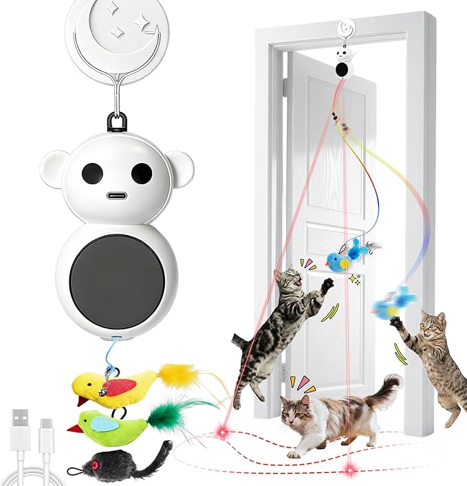 Interactive Cat Toys for Indoor Cats: 2 in 1 Laser Pointer Cat Toy with Automatic Flying Bird & Mouse Wand, Smart Motion Mode Adjustable Speed, USB Rechargeable Safe for Bored Kittens and Adult Cats