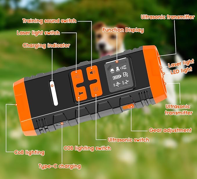 5-in-1 Dog Bark Deterrent Device, Ultrasonic Anti Barking Tool for Dogs, Handheld Barkshield for Handheld Discipline Training Tool to Stop and Control Barks, Bad behaviors, Indoor Outdoor Use