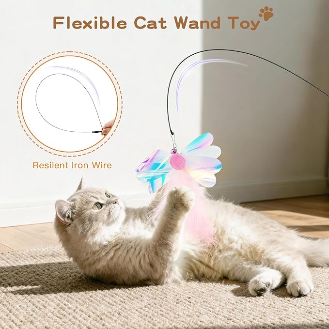 Pawaboo Feather Teaser Cat Toy, Interactive Feather Wands Cats Toy Flying Feathers Cat Catcher with Extra Long 34.5" Wand and Small Bell, Exerciser Playing Toys, 1 Wand + 6 Feathers, Colorful