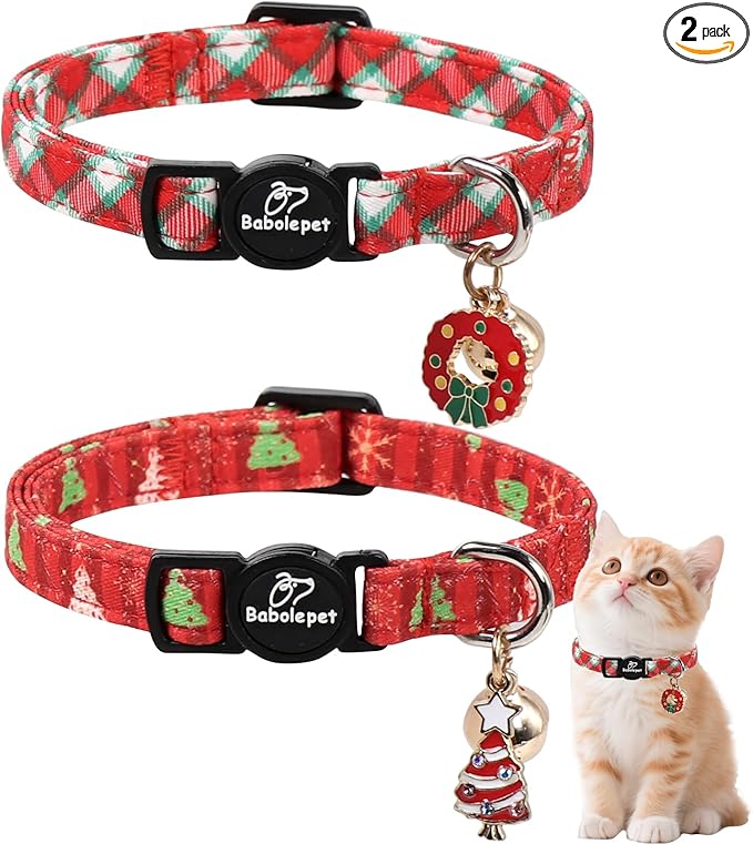 2 Pack Christmas Cat Collars - Breakaway Cat Collar with Bell, Christmas Wreath and Tree Pendant, Winter Adjustable Kitten Collars for Girl Boy Cats, Pink&Plaid