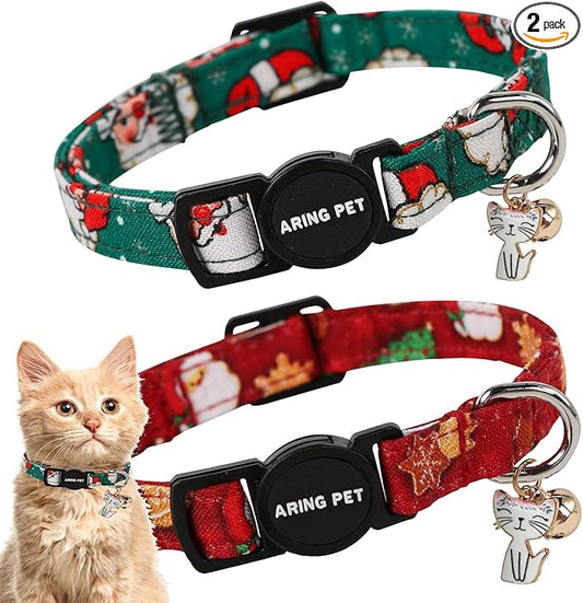 ARING PET 2 Pack Christmas Cat Collars-Cute Cat Collar Breakaway with Bell&Pendant, Adjustable Christmas Kitten Collars with Safety Buckle for Girl and Boy Cats
