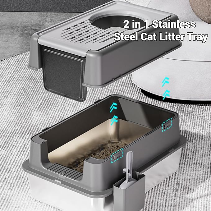 Stainless Steel Cat Litter Box with Lid - Enclosed Covered Metal Kitty Litter Box Enclosure with 180° Flip-Top, Leak-Proof High Sided Cat Box & Scooper, Easy to Clean, Odor Control, for All Cat Sizes
