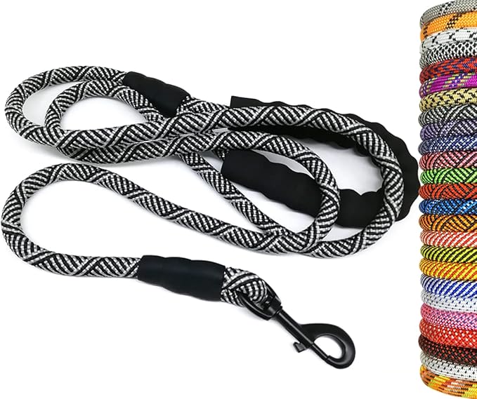 MayPaw Heavy Duty Rope Dog Leash, 3/4/5/6/7/8/10/12/15/20/30 FT Long Dog Lead Nylon Pet Leash, Soft Padded Handle Thick Lead Training Leashes for Large Medium Dogs (15ft * 1/2", Black)