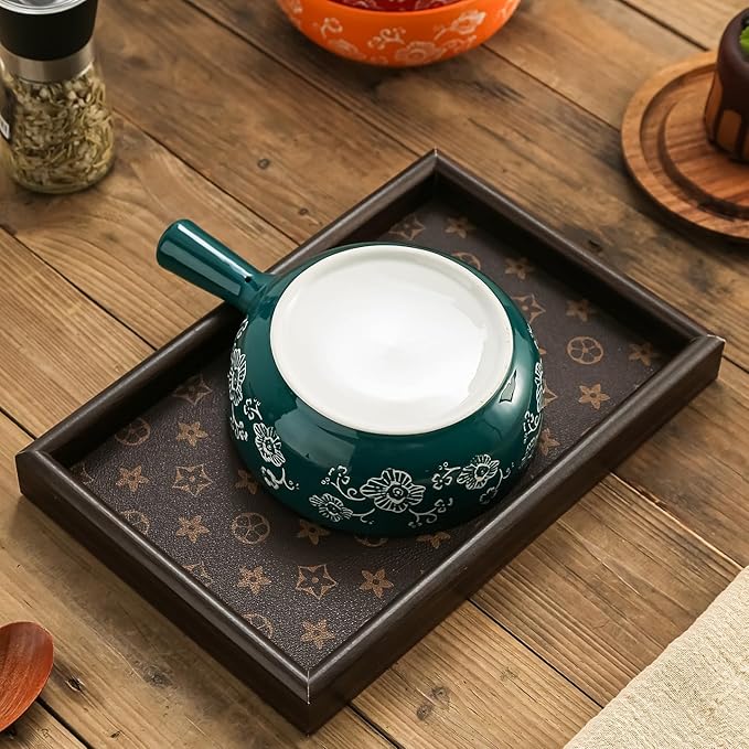 Bohemian Ceramic Soup Bowl with Handle – 23oz Spaghetti Bowl, 8.66" Length – Wide and Shallow for Soup, Colorful Floral Interior – Microwave & Dishwasher Safe Pasta Salad Dish Red