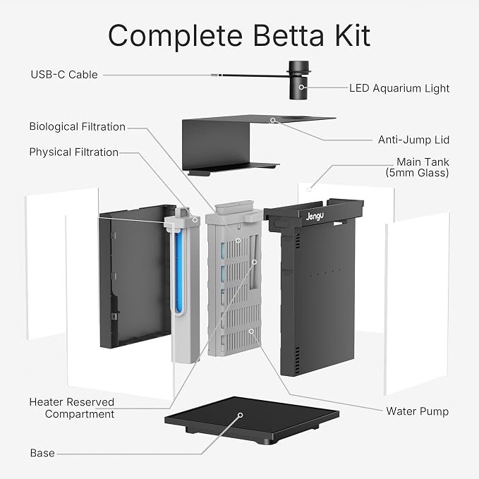 2.1 Gal Betta Fish Tank, Ultra Clear Glass Desktop Aquarium Starter Kit | Hidden Back Filter, Quiet Pump, LED Light, All-in-One Nano Aquarium for Desk, Black