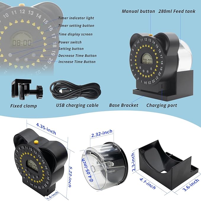 Fish Feeders for Aquariums LCD Display,Automatic Feeder USB,Up to 24 Feedings A Day, with Food Containers 280 ML Capacity, Fish Feeding Ring, Suitable for Vacation Weekend Day