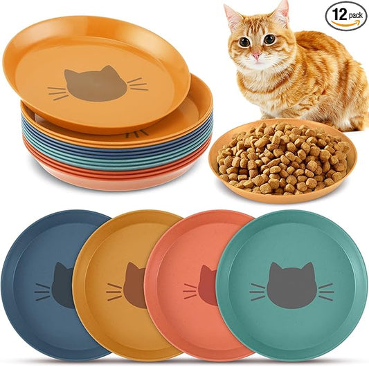 Gerrii 12 Pieces Beard Fatigue Relief Cat Bowl 6 Inch Round Shallow Cat Food Dish Wet Feeding Bowls Wide and Small Pet Dish for Kittens and Short Legged Kitten, Wheat Straw(Vintage Colors,Cute)