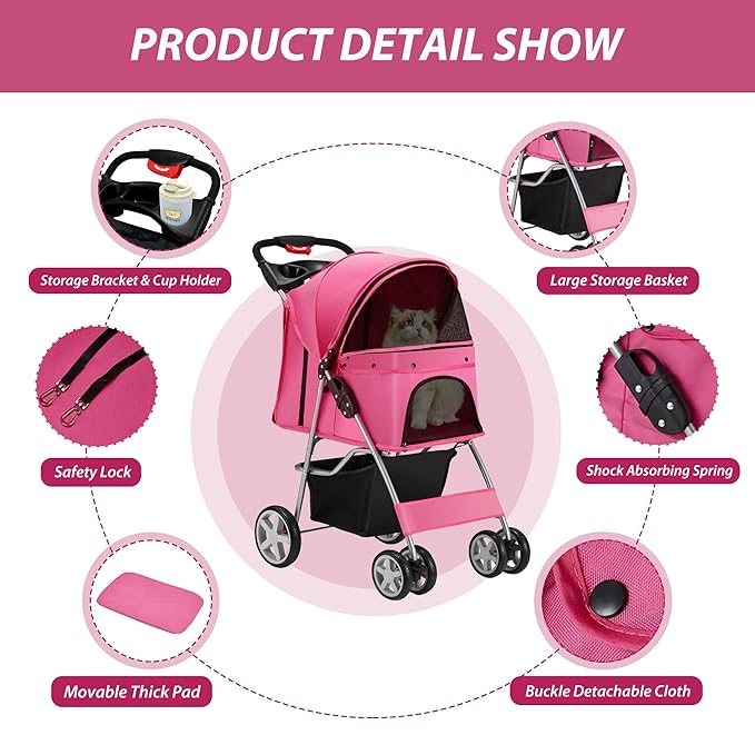 Unisakey 4 Wheels Pet Stroller for Small Medium Dogs Cats 10-33 lbs, Foldable Dog and Cat Stroller with Cup Holder & Storage Basket & Breathable Mesh, Pet Strolling Cart for All-Season, Pink