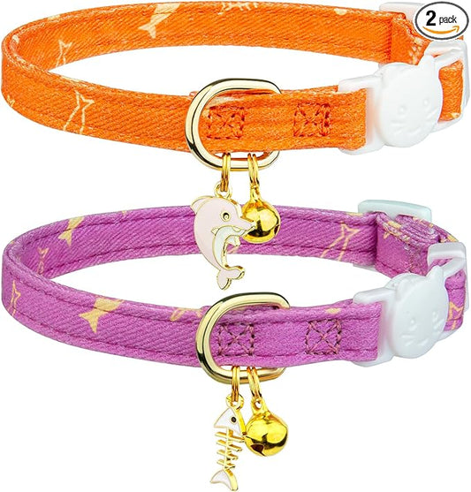 2 Pack Cotton Breakaway Cat Collar Orange and Purple Fish Pendant Cute Kitten Cat Collar with Bell