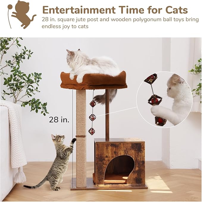 FUKUMARU Cat Scratching Post, Modern Style Cat Tree with Unique Square Post, Wooden Cat Tower with silvervine Balls, Retro Cat Brown Condo Scratcher for Indoor Cats（Solid Wood）