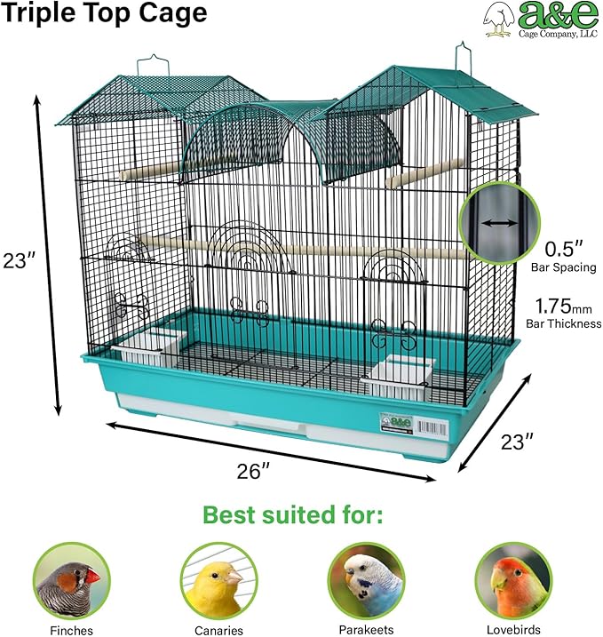 A&E Cage Co AE2614TT SP Blue Triple Top Bird Cage – 26" x 14" x 23" Decorative Small Bird Cage – Includes 2 Feeder Stations, 3 Wood Perches, Slide-Out Tray & Carry Handle (Teal)