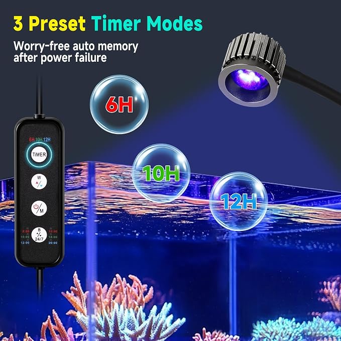 fishkeeper Saltwater Aquarium Light for 5-10 Gallon, 24/7 Reef LED Light | Adjustable Color/Brightness/Timer, 8W Clip On Aquarium Light for Coral Marine Tank, Memory Function