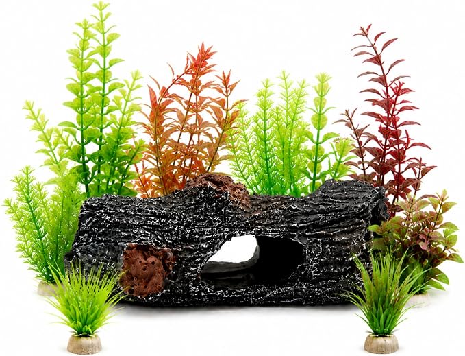Aquarium Driftwood Decoration, Fish Tank Hiding Cave, Betta Fish Hideout | Resin driftwood decoration, small aquarium accessory, includes 6 soft and safe artificial aquatic plants