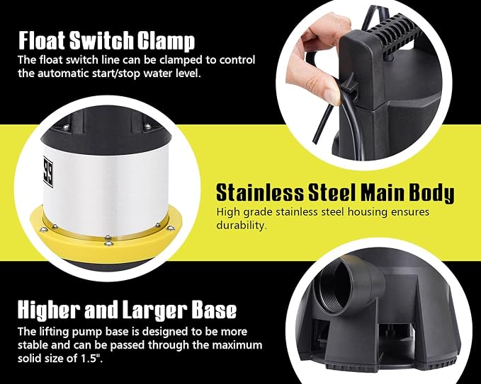 1.5 HP Stainless Steel Sump Pump, 7000 GPH, Float Switch | High-flow stainless steel pump moves up to 7000 GPH and includes an adjustable float switch and 16 ft cord for water removal.