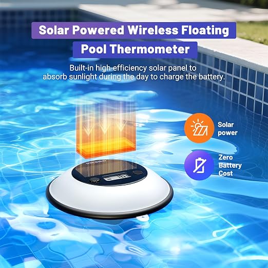 Solar Pool Thermometer, Smart Wireless Digital Pool Thermometer Easy Read, IPX8 Waterproof Water Temperature Monitor for Hot Tub, Bath, Swimming, Pond