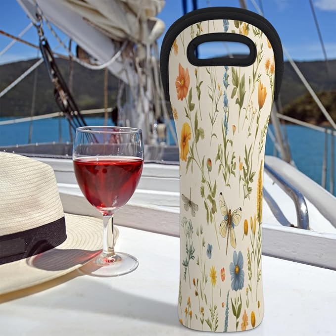 Dragonfly Wildflower Wine Bag Single Bottle Wine Tote Bag Neoprene Wine Carrier Bags with Carry Handle Portable Wine Bottle Holder for Travel Party Picnic