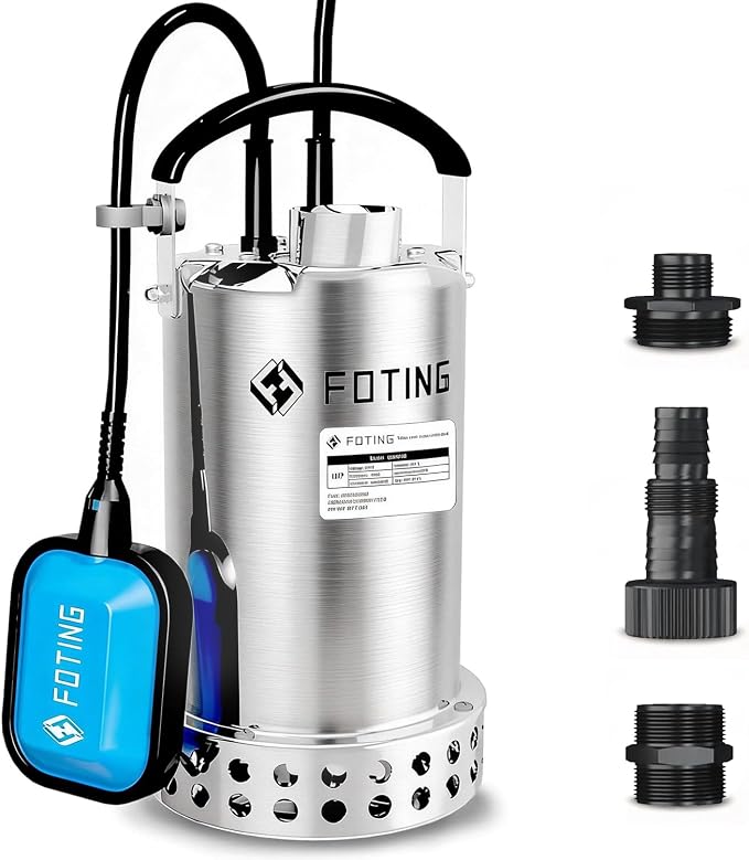 FOTING Full 304 Stainless Steel Sump Pump with Float Switch - 1HP 4600GPH Automatic Submersible Water Pump Fast Water Removal in Pools, Basements, Sewage, Hot Tubs Heater Flush Pit, ponds w/ 10FT Cord