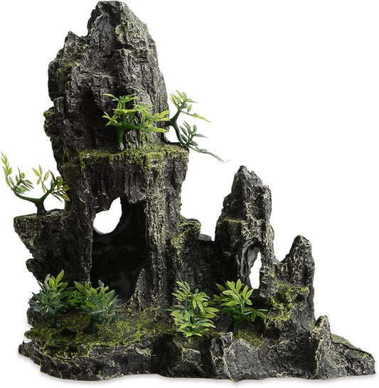 Saim Large Aquarium Mountain View Stone 11.02" Tall Resin Cave Ornament – Betta Hideout with Artificial Plants, for Cichlids Goldfish, Multi-Cave Aquascape Fish Tank Accessories