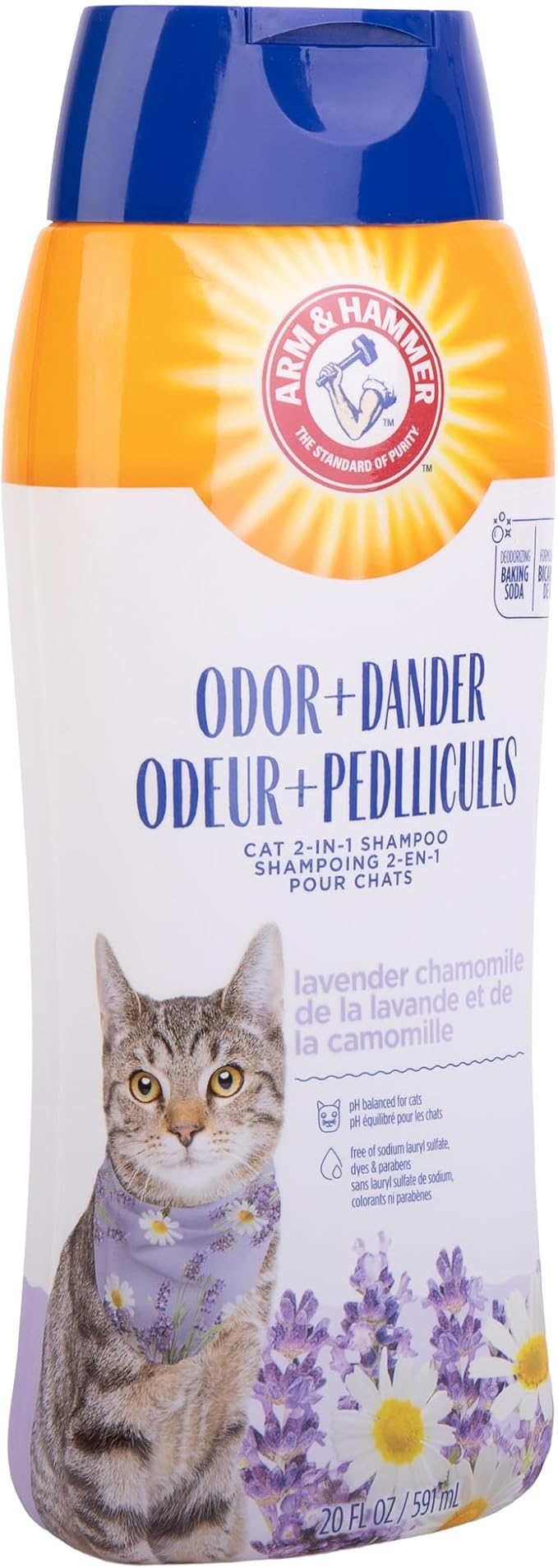 Arm & Hammer 2-in-1 Deodorizing & Dander Reducing Shampoo for Cats, Baking Soda Cat Shampoo for Dander, Odor Control and Coat Cleaning, Lavender Chamomile Scent, 20 Fl Oz