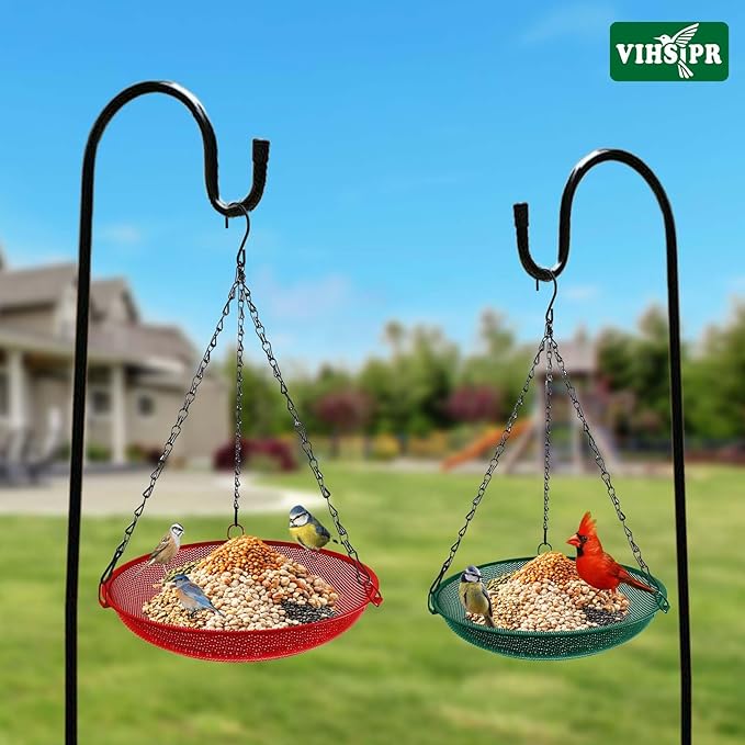 Hanging Bird Feeder for Outdoors – 12 in Platform Bird Feeder, Metal Mesh Seed Tray for Wild Birds, Red