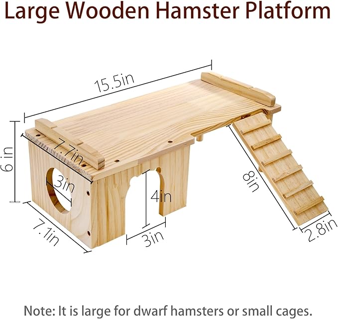 Hacaroa Wooden Hamster Hideout with Ladder, Large Hamster Platform Guinea Pig Hide Play House, Small Animals Climbing Toy Chinchillas Cage Accessories for Syrian Hamsters, Rats, Gerbils
