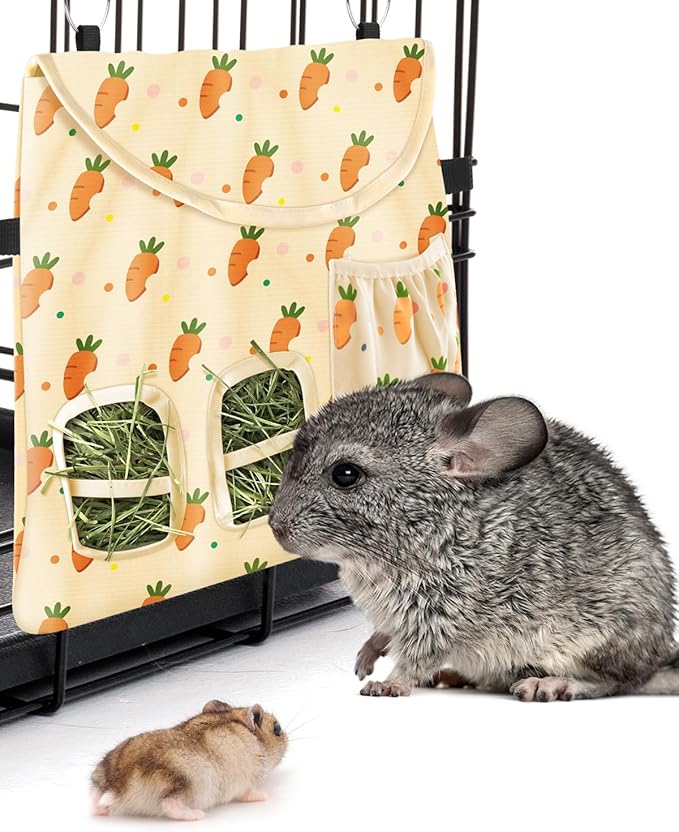 Bissap Rabbit Hay Feeder Bag, 2 Holes Hanging Hay Feeder Guinea Pig Hay Bag with Side Pocket for Rabbits Bunny Chinchillas Hamsters Rats and Other Small Pets Small Animal - Beige