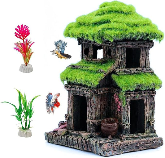 Hamiledyi Fish Hideout House for Aquarium Decorations, Betta Cave with Lifelike Moss, Come with 2 PCS Artificial Plants, Fish Tank Decoration for Shrimp Fish Shelter