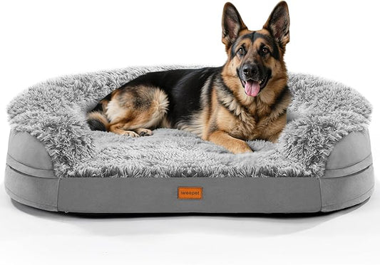 iweepet 3.7 inch Thickened Orthopedic Dog Beds for Jumbo Dogs, Curved Bolster Support Dog Couch with Removable & Washable Fluffy Cover, Orthopedic Oval Memory Foam, Non Slip Bottom,Grey