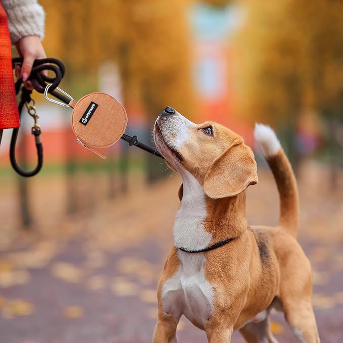 Dog Poop Bag Holder for Leashes- Dog Treat Pouch with Waterproof Zipper,Puppy Training Small Bag with Carabiner & Bungee Toggle,Two Pockets for Dry or Wet Treats-Pet Travel Walking Essentials (Orange)