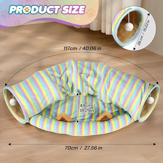 Spardar Bunny Tunnel Bed, 2-in-1 Collapsible Tunnel Tubes Toys, Washable, with Removable Mat Hideout, Interactive Toys for Rabbits Chinchilla Hedgehog Guinea Pigs Kitty, Stripe