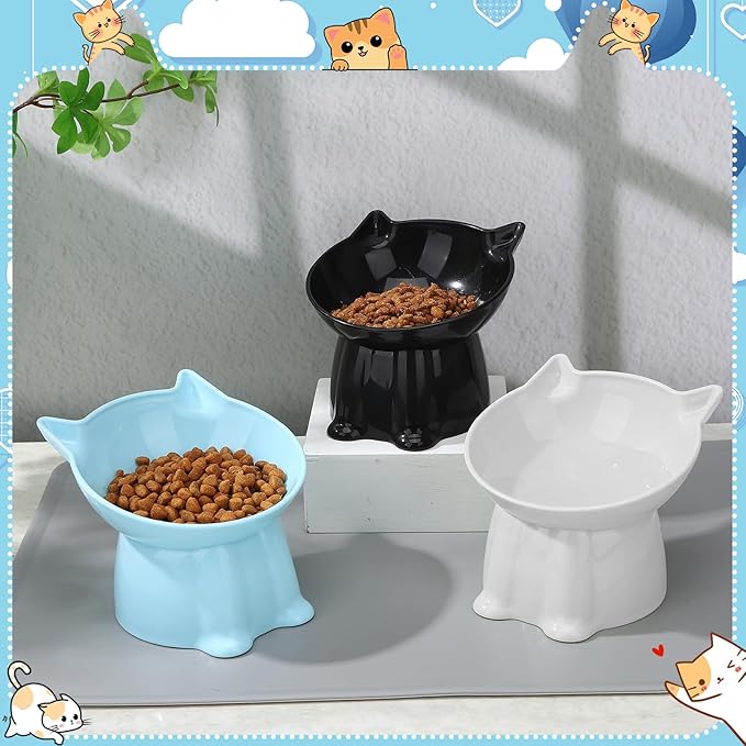 3 Pcs Elevated Cat Bowls 15°Raised Cat Food Bowl with Silicone Mat Whisker Friendly Anti Vomiting Cats Dishes Pet Food and Water Bowls for Indoor Cats Kittens, Blue, Black, White