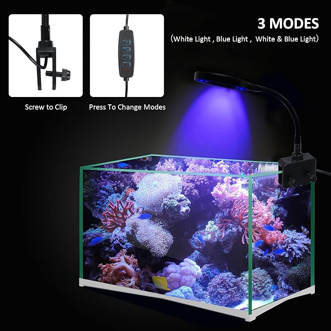 18 LED Aquarium Light with Clip on Flexible Gooseneck USB Powered Dimmable 3 Color Modes 10 Brightness Levels for Fish Tank Jar