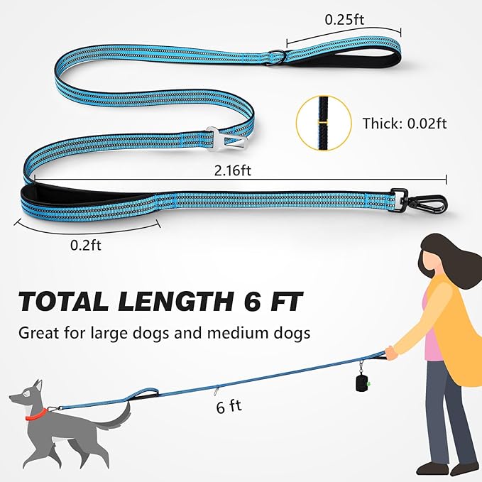 WINGOIN Dog Leash for Large Medium Small Dogs, Heavy Duty Dog Leashes with Double Handle, Poop Bag Holder, Car Seat Belt Buckle, Reflective Tactical Pet Lead for Walking, Training (Blue, 6FT)