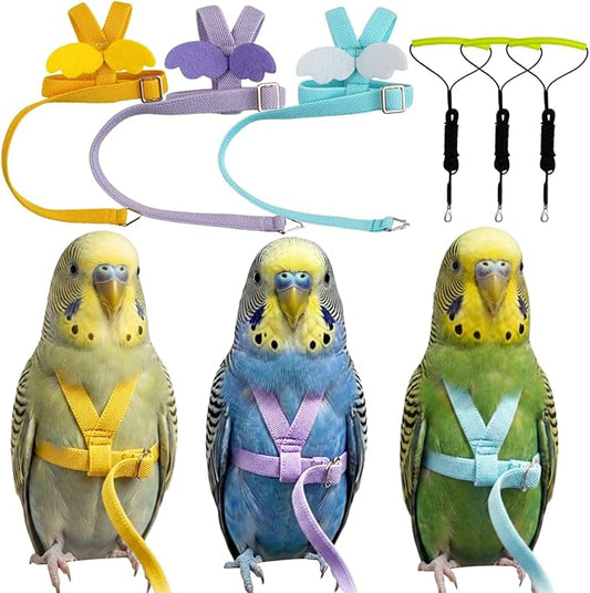3 Pack Adjustable Bird Harness with Elastic Leash, Pet Parrot Harness and Leash, Adjustable Training Design Anti-Bite, Bird Nylon Rope with Cute Wing for Conure African Grey (XS)