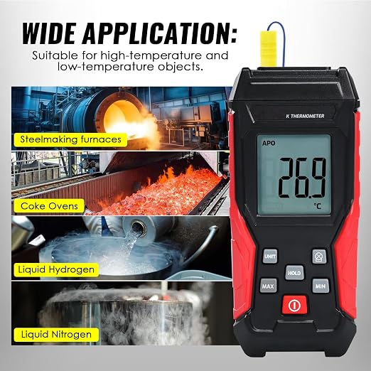 Digital K Type Thermometer with Two Thermocouple Probes, -328°F~2501°F Single Channel Thermocouple Thermometer HVAC Temperature Meter with Backlit LCD Display Max/Min, Data Hold