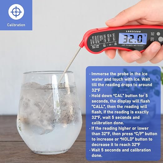 LONICERA Digital Meat Thermometer, Instant Read, Foldable Probe, Red | IP66 waterproof design, backlit display, calibration function, for meat, baking and grilling
