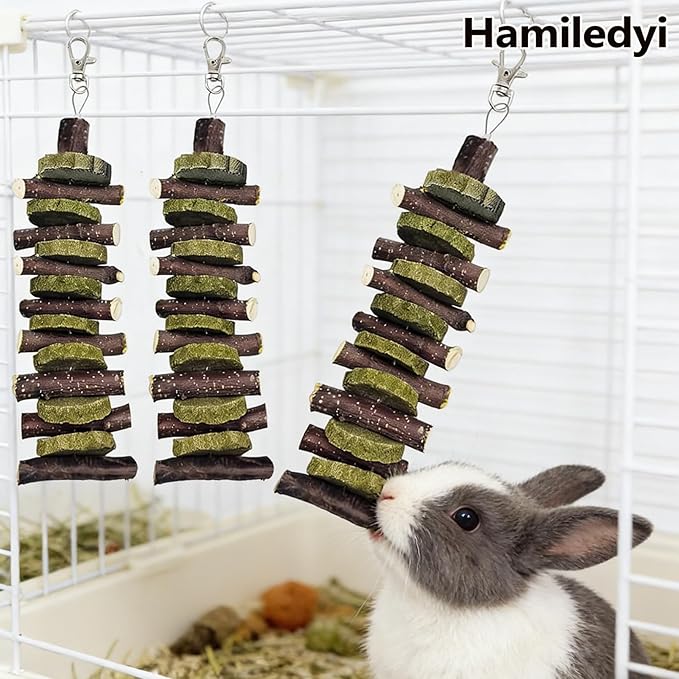Hamiledyi 3Pieces Bunny Chew Toys for Teeth Natural Fruit Twigs Handmade Timothy Alfalfa Hay Grass Cakes for Guinea Pigs Hamsters Dwarf Rabbits Chinchillas Gerbils Improves Dental Health