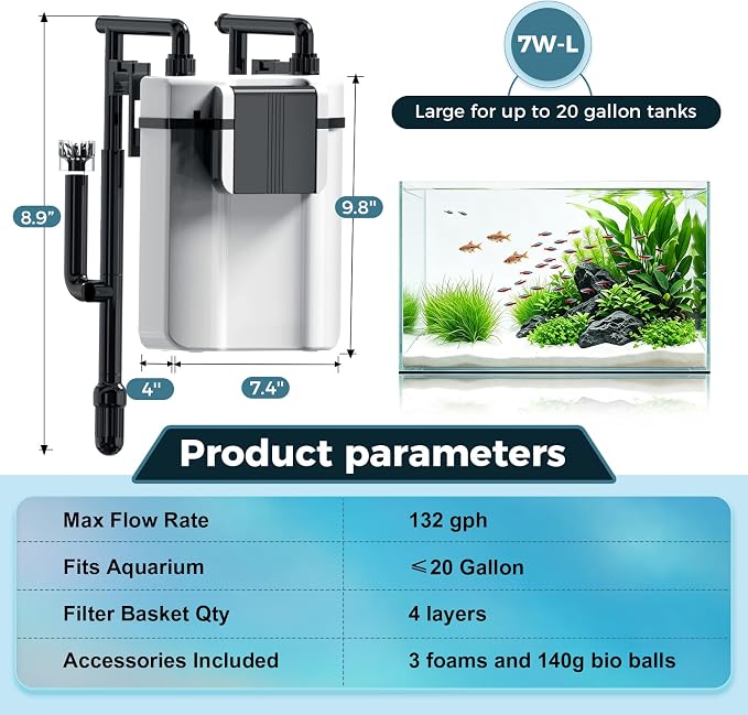 hygger Hang On Back Aquarium Canister Filter, Adjustable Flow Quiet Fish Tank Filter with Oil Skimmer,3 Outlet Nozzles,Filter Sponges & Ceramic Balls(7W-L,≤20 Gallon)