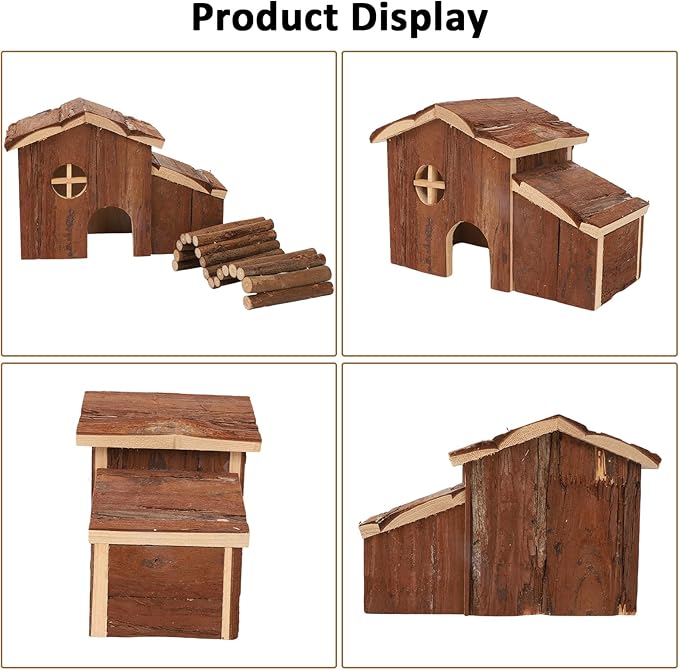 Hamster Hideout Wooden Hamster House and Natural Wood Rat Hut Hamster Bridge for Dwarf Hamster Mice Playing Hiding