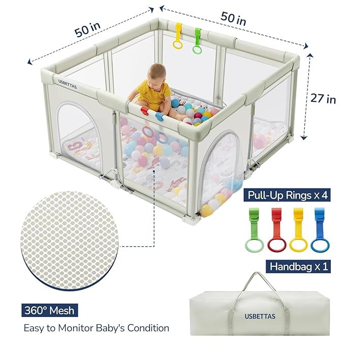 Foldable Baby Playpen, 1-Minute Setup, Lightweight Portable Playpen with Carry Bag, 50"x50" Indoor Outdoor Safty Play Yard for Babies & Toddlers, Beige