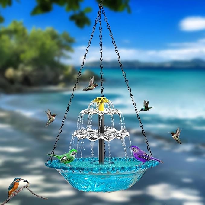 Solar Hanging Bird Bath with Fountain Cascade, Solar Powered Cascade Hanging Bird Bath Fountain with Solars Pump,for Outdoor and Gardens (Blue)