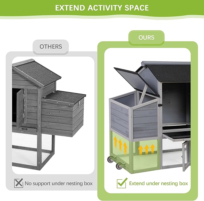 COZIWOW 82" Large Wooden Chicken Coop, Outdoor Rabbit Hutch with Wheels, Sunshine Board, Asphalt Roof, Ramp, Openable Top, Door, Window, Pull-Out Tray, Indoor Bunny Cage (Gray with Pattern)