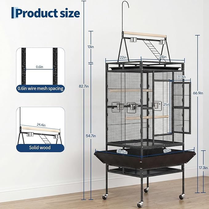 Garvee 82" h Large Bird Cage, Rolling Parakeet Cage with Play Top, Bird Rope Perche, Big Bird Cages for Parrots, Parakeets, Cockatiels, Conures-White