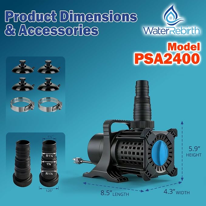Pond Pump, 2400GPH 180W Adjustable Flow Submersible & Inline Water Pump, 16.5ft Lift, Copper Motor, IPX8 Waterproof for Outdoor Koi Pond, Fountain, Waterfall, Hydroponics